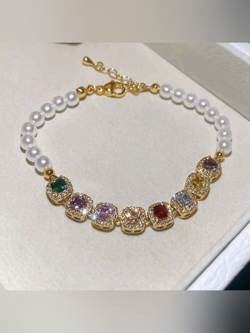 Gold-Tone Multi-Color Crystal & Pearl Bracelet